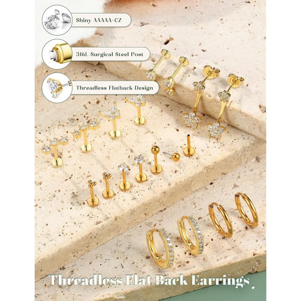 Elegant 9-Pair Threadless Flat Back Earrings Set … - image 8